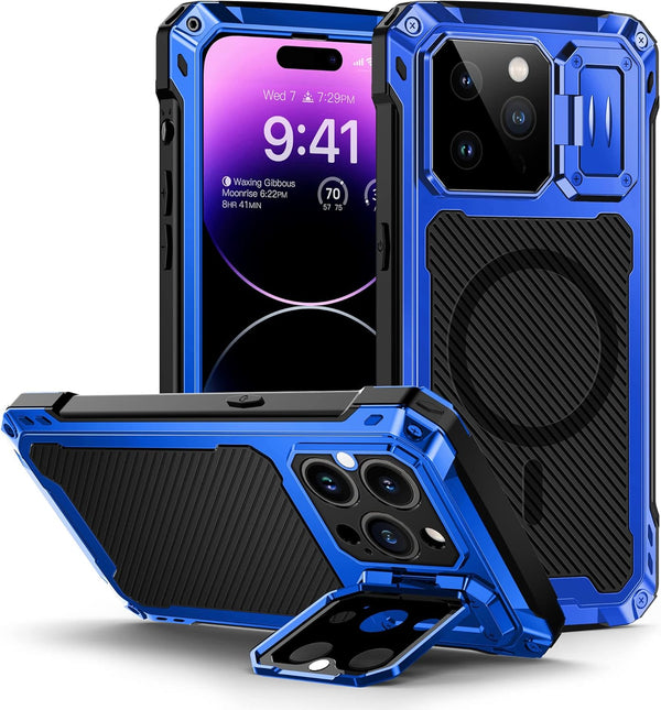 Lanhiem for iPhone 14 Pro Max Metal Case, Built-in Camera Kickstand & Tempered Glass Screen Protector, Blue