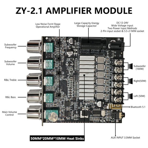 Generic 5.1 Board,200W 2.1 12-24 Bluetooth Audio Stereo Amplifier HiFi Channel Mini Subwoofer Power Amp Module