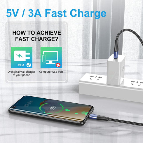 Premium Nylon Braided USB Type C Cable 10ft 3-Pack, 3A Fast Charging for Samsung Galaxy S21, Note 20, LG V50 (Blue)