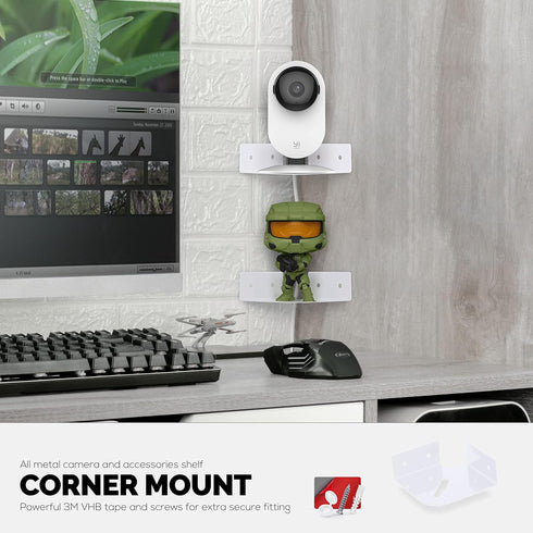 BRAINWAVZ Small Metal Corner Shelf for Security Cameras, Baby Monitors, Home Decor, Adhesive & Screw-in Mount