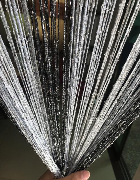 1x2 M Door String Curtain, Rare Flat Thread Fringe Window Panel (Black & Grey) - Cute Strip Tassel for Room Divider