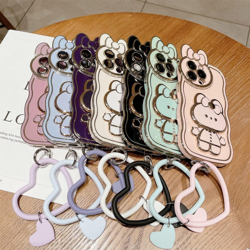 Cute Bunny Hidden Stand Phone Case Compatible with iPhone 11 Pro Max, 3D Rabbit Case with Heart Chain Bracelet - Pink
