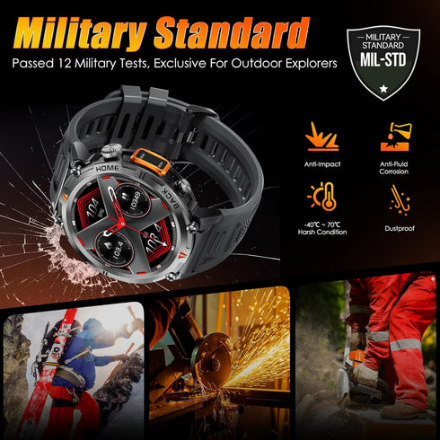 EIGIIS Military Smart Watch for Men, Tactical Rugged with Bluetooth Call, 1.45'' Big Screen Fitness Tracker,