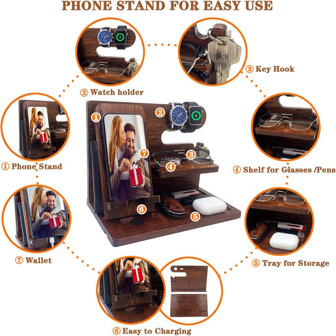 VEIYAILU Gifts for Men Boyfriend Him Brother Nightstand Organizer Gifts for Dad from Daughter Son Wood Phone Docking