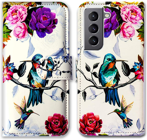 Galaxy S21 5G Case - Hummingbird in Flowers Leather Flip Phone Wallet Cover with Card Slot Holder