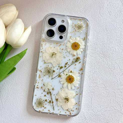 LSEEKA 16 16 for iPhone Pro Max Clear Case with Pressed Real Flowers Design,Glitter Cute White Floral Pattern Slim Soft