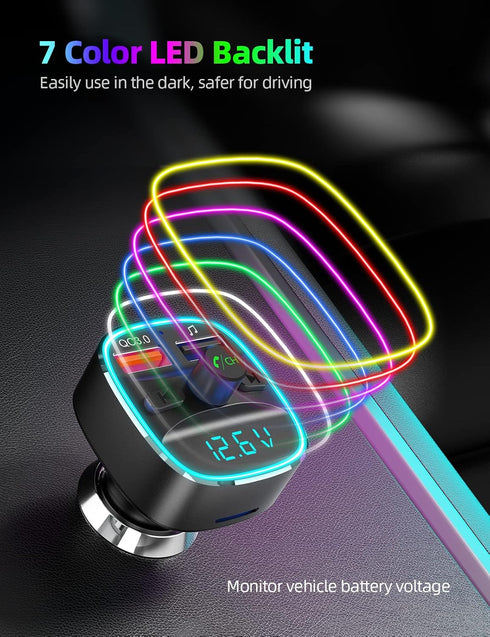 Nulaxy Bluetooth FM Transmitter for Car, Dual USB Charging Adapter with Hands-Free Calling and 7 Colors LED