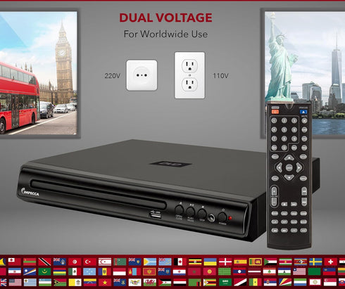 Impecca DVHP9109 Compact DVD Player for TV w/USB Input/AV, Multi-Region, AV Cables and Remote Control Included