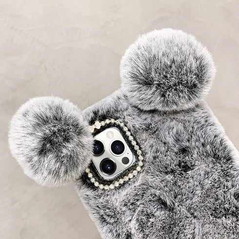 LUVI Plush Furry Case for iPhone 12 Pro Max, Cute Cartoon Bear Ear with Bling Glitter Cover (Gray)