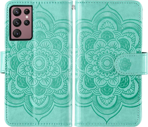 Asuwish Flower Leather Flip Card Holder Wallet Case with Tempered Glass Screen Protector for Samsung Galaxy S22 Ultra