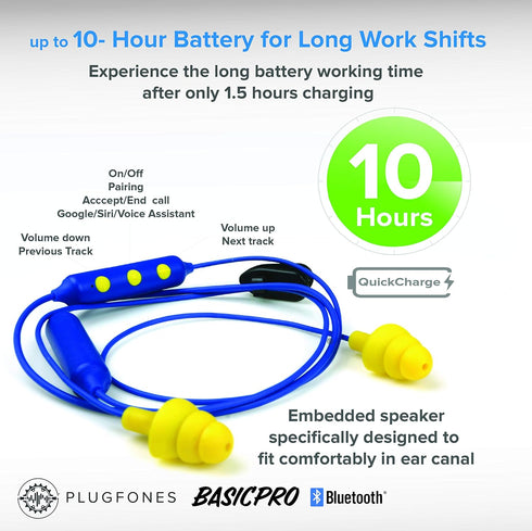 Plugfones Basic Pro Wireless Bluetooth Earbuds - Noise Reduction Headphones with Mic and Controls (Blue & Yellow)