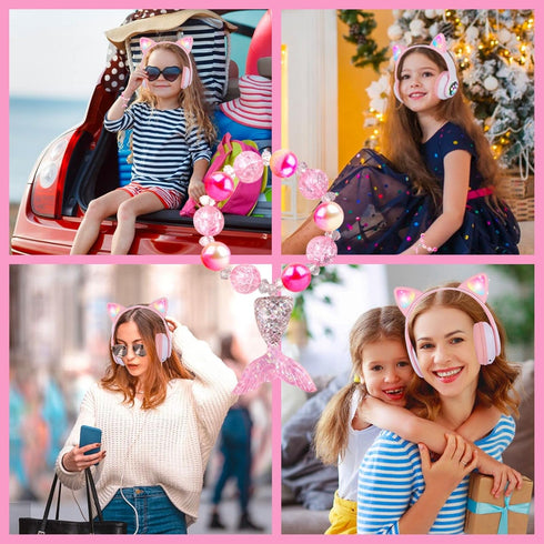 Wireless Headphones for Kids, Cat Ear LED Light Up Bluetooth Headphones with Microphone for