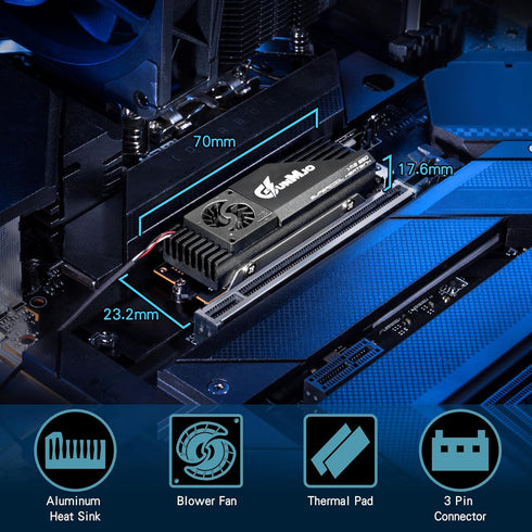 GUNMJO M.2 2280 SSD Heatsink, 20mm Built-in Cooling Fan, Aluminum Plate-Fin Design with Thermal Pad for Gaming PC