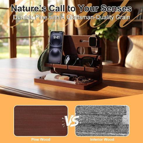 Oraich Wooden Phone Docking Station for Men, Nightstand & Desktop Organizer, Charging Stand for Phone, Watch, Wallet