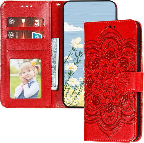 for Samsung Galaxy A12 Case - Flip Premium Wallet Phone Case, PU Leather Mandala Embossed Cover, Red LD