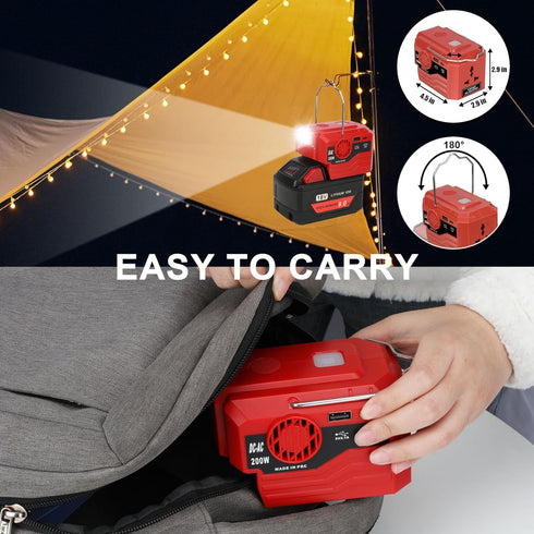 KUNLUN 200W Power Inverter for Milwaukee M18 Battery, DC 18V to AC 110-120V with AC Outlet, USB, Type-C Ports & LED