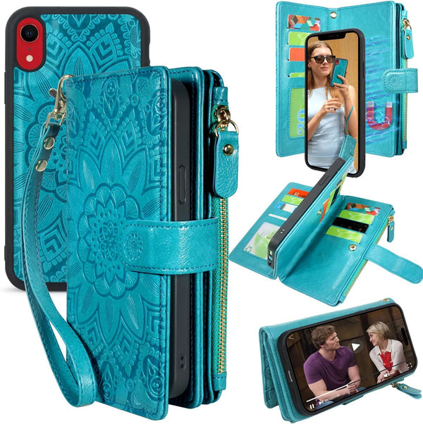 Harryshell Detachable Magnetic Zipper Wallet Case for iPhone XR 6.1 Inch, Floral Leather with Card Slots (Blue Green)