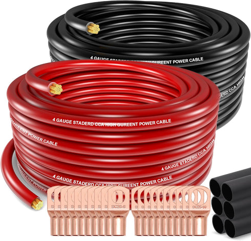 Jeemiter 4 Gauge Wire, 50ft Copper Clad Aluminum, Primary Automotive Wire, Battery Cable with Lugs Terminal Connectors