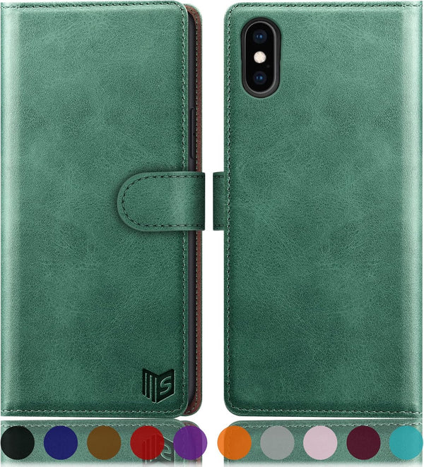 SUANPOT RFID Blocking Leather Wallet Case for iPhone Xs Max, Shockproof Flip Folio Cover (Sea Green)