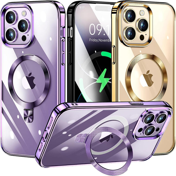 Magnetic iPhone 14 Pro Case with Invisible Stand, Compatible with MagSafe, Slim Clear Design with Electroplated Bumper,