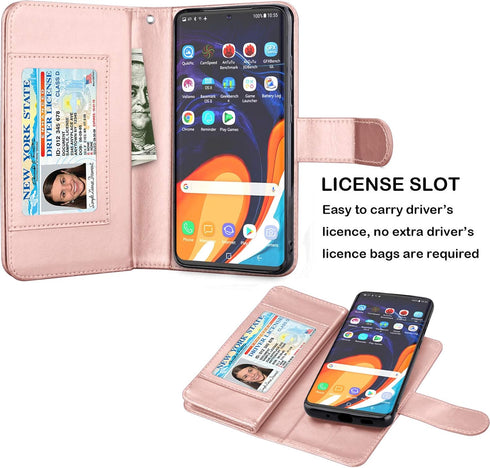 Njjex Galaxy S20 Wallet Case, 6.2", PU Leather, 9 Card Slots, Detachable Kickstand, Rose Gold