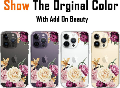 Slim Fit Crystal Clear Floral Pattern Case Compatible with iPhone 14 Pro, Pink Purple Flowers Design for Girls Women,