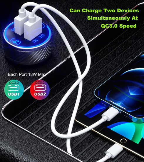 BRCOVAN Car Charger, Dual QC3.0 Port USB Phone Charger Adapter, 36W 3A Fast Charge with Touch Switch & Blue LED