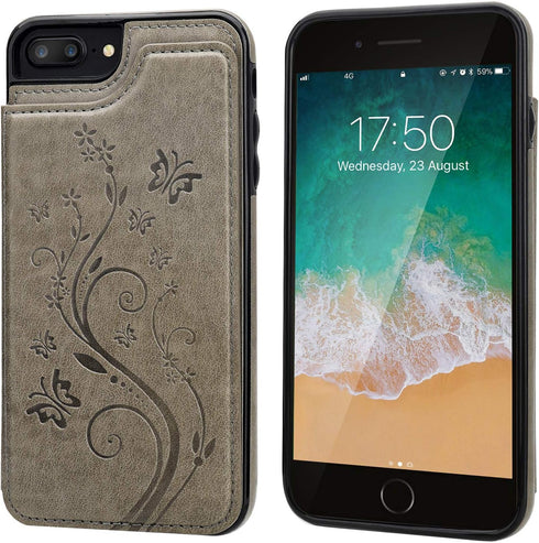 Vaburs iPhone 7 Plus/8 Plus Case Wallet with Card Holder, Embossed Butterfly Premium PU Leather Flip Cover (5.5", Gray)