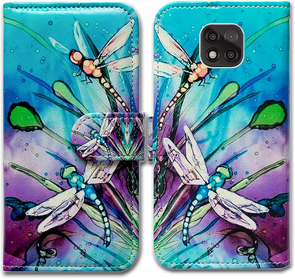 Cute Dragonfly Leather Flip Phone Case for Moto G Power 2021, Wallet Cover with Card Slot Holder Kickstand