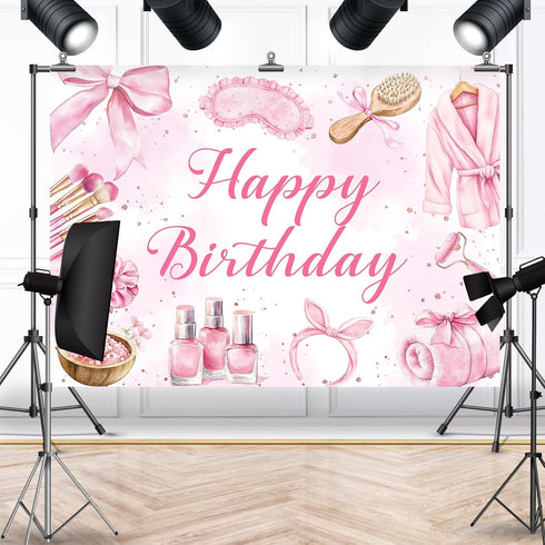 Bcuuipo 7x5ft Spa Party Happy Birthday Backdrop Pink Beauty Makeup Slumber Pajama Sleepover Background for Girls