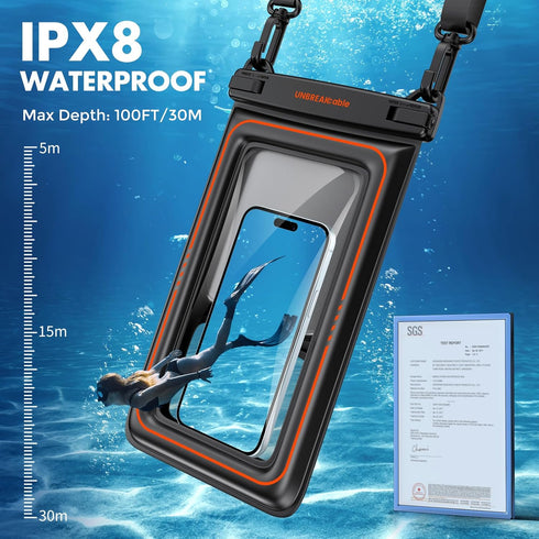 UNBREAKcable Large Waterproof Phone Pouch Floating, IPX8 Waterproof, Up to 9.5", 2 Pack for iPhone and Samsung