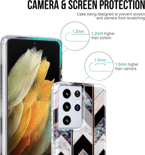 BAISRKE Galaxy S21 Ultra Case, Shiny Rose Gold Geometric Marble Hybrid Hard Plastic Back Soft Clear Glitter TPU Edge