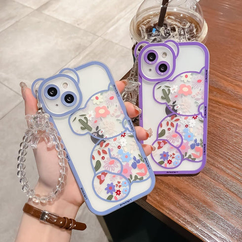 Case for iPhone 11 Pro Max with Cute Flowers Bear Pattern, Camera Protector, Clear Case and Lovely Strap Bracelet Chain for Girls Women, Compatible for iPhone 11 Pro Max, Blue