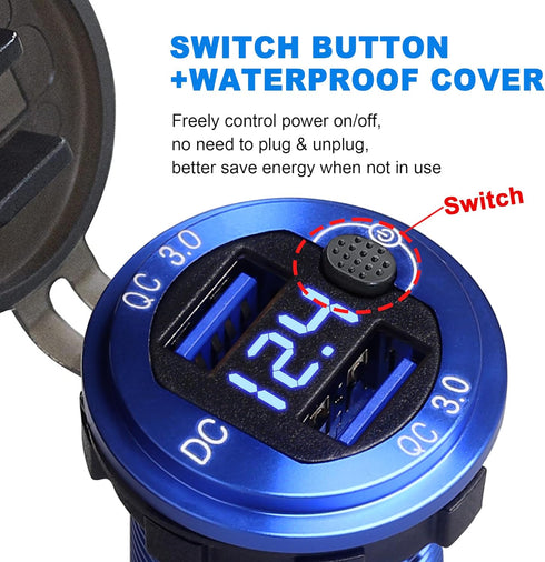 12V-24V USB Charger, Dual Port QC 3.0 Fast Charging, Waterproof & Dustproof for Vehicles and Boats