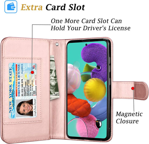 Takfox Galaxy A71 5G Case, PU Leather Wallet Case with 9 Card Slots and Lanyard for Samsung Galaxy A71 5G-Rose Gold