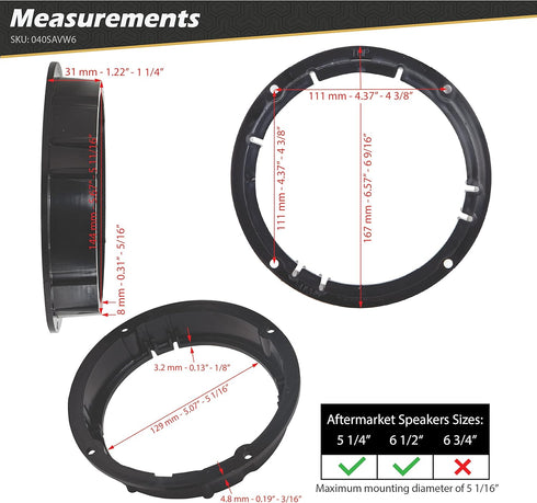 Scosche SAVW6 5.25" - 6.5" Speaker Adapters for Select 2008-2018 Audi & 1998-2018 VW Vehicles (1 Pair)
