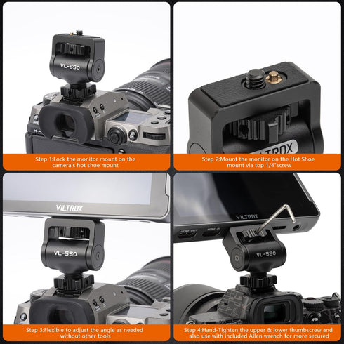 VILTROX Camera Monitor Mount with Cold Shoe, 360° Swivel and 180° Tilt Adjustable for 5" & 7" Field Monitors