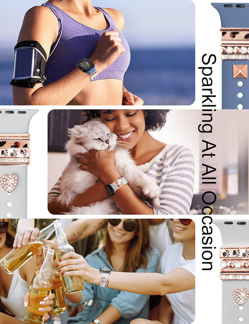 JR.DM 13 Pieces Rose Gold Watch Band Charms with 10-Pcs Decorative Rings & 3-Pcs Decoration, Compatible with Apple Watch