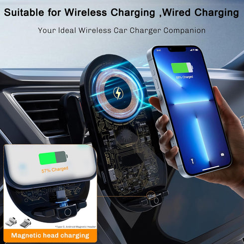 Wireless Car Charger with Phone Holder Mount, 15W-5W Qi Fast Charging Auto Clamping Car Charger Phone Holder Mount for