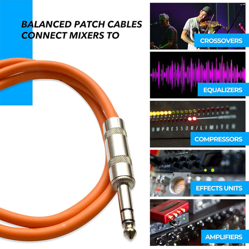 Seismic Audio Speakers ¼” to ¼” TRS Patch Cables, 6 Foot, Pack of 6, Multi Color