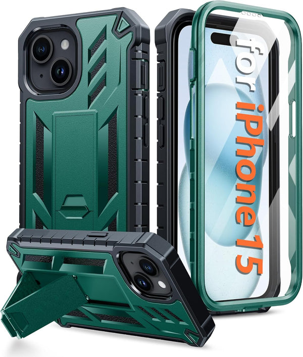 FNTCASE Military Grade Shockproof Full Protection Phone Case for iPhone 15, Dual Layer Matte Textured 6.1 Inch Green