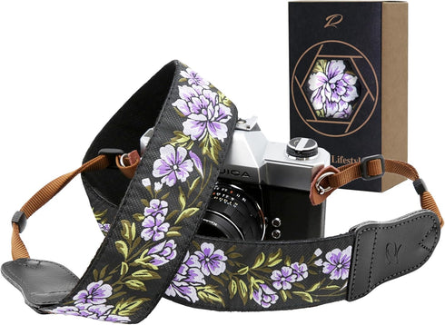 Padwa Lifestyle Purple Flower Camera Strap, 2" Double Layer Cowhide Head, Adjustable Neck & Shoulder Strap