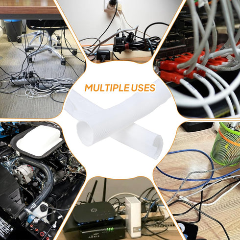 Self-Closing Split Braided Cable Organizer, Curly Cord Protector for Car & Computer Desk Audio Wire Covers, White