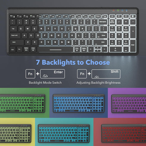 Wireless Keyboard and Mouse Backlit, Slim Portable Rechargeable Multi-Device Bluetooth Keyboard, RGB Silent Mouse for