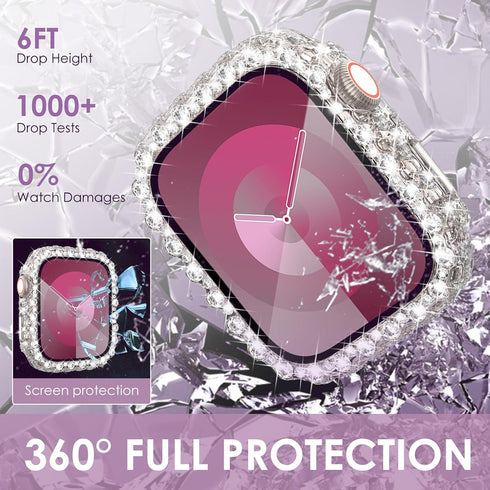 NewWays 2 in 1 Waterproof Bling Case 44mm for Apple Watch, Lace Full Glitter Diamond Rhinestone Bumper Cover