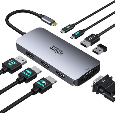 USB C Docking Station Dual HDMI Monitor Adapter, Selore USB C Hub with Dual HDMI, Displayport, VGA, 100W PD Charging