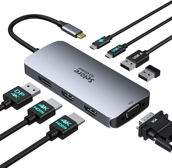 USB C Docking Station Dual HDMI Monitor Adapter, Selore USB C Hub with Dual HDMI, Displayport, VGA, 100W PD Charging