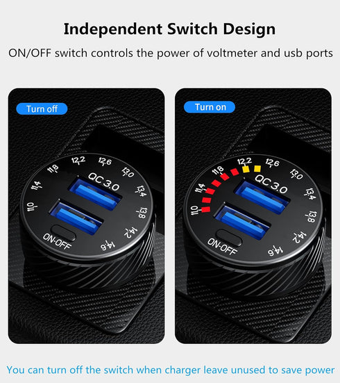 KEWIG 36W Fast Car Charger Adapter, Dual USB Car Charger with Colorful Voltmeter & ON/Off Switch