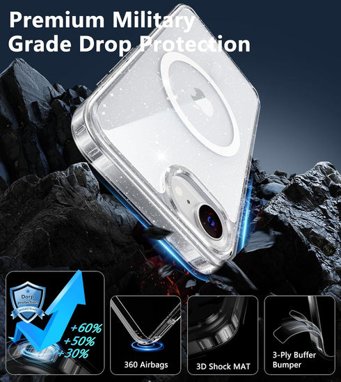 FNTCASE 17e 16e for iPhone Case Magnetic: for iPhone Case Glitter Clear Anti Yellowing Rugged Case Military Grade