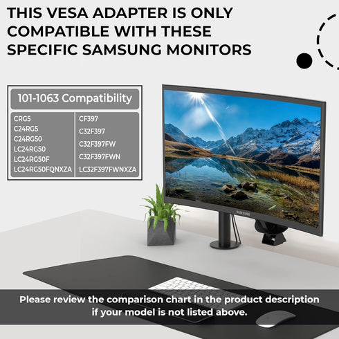 HumanCentric VESA Mount Adapter for Samsung Curved Monitors 32 inch CF397 and 24 inch CRG5, 75x75 or 100x100mm